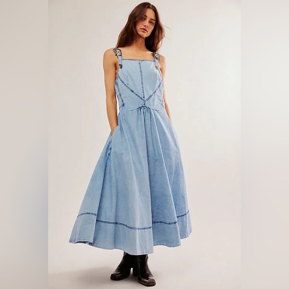 Free People Dresses & Skirts - Free People Stars Align Midi Dress, Denim, Fit & Flare Dress, Blue, Size 4